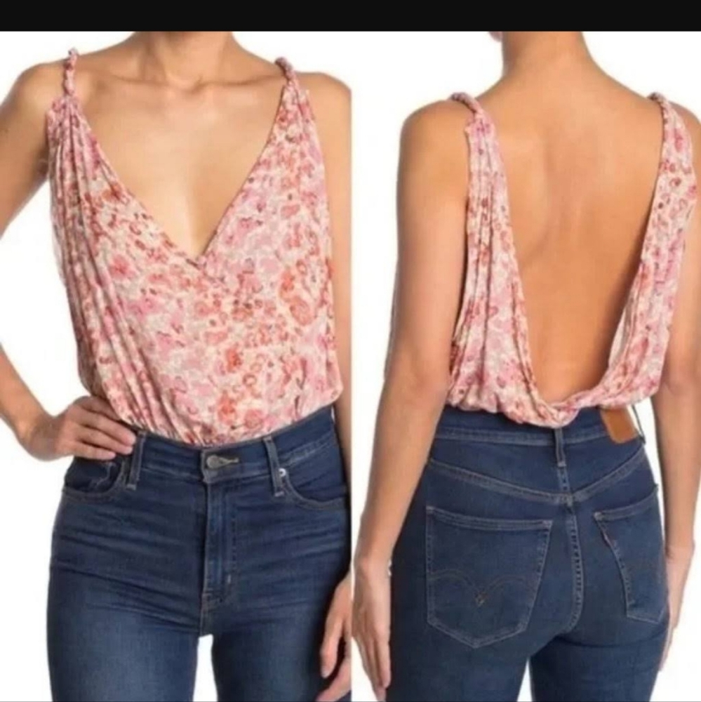 NEW Free People Siren Song Sleeveless Draped Bodysuit Ivory/Pink Floral